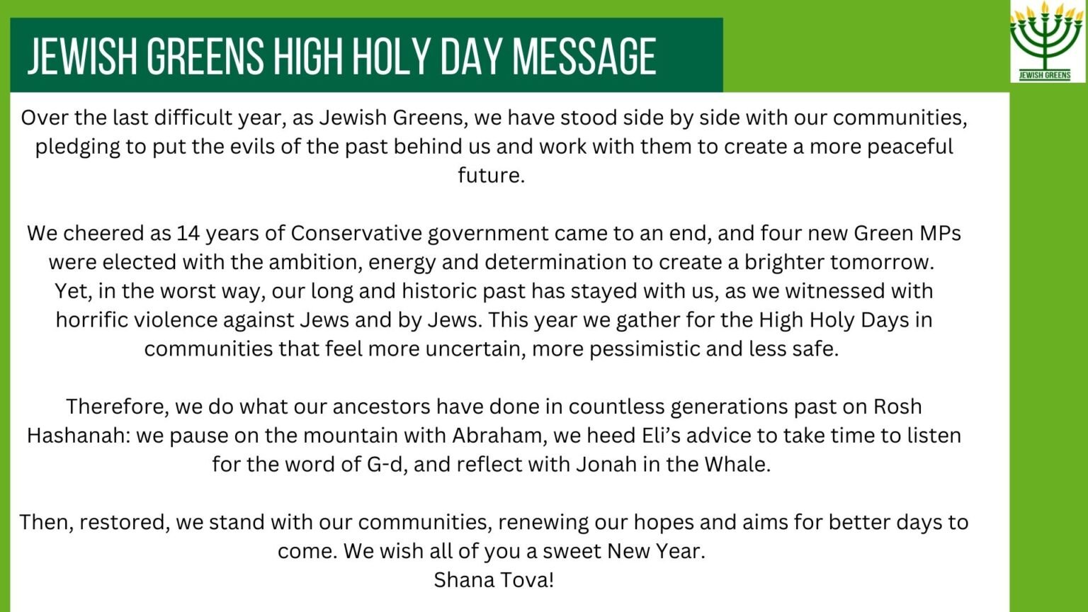 Jewish Greens High Holy Day message Jewish Greens